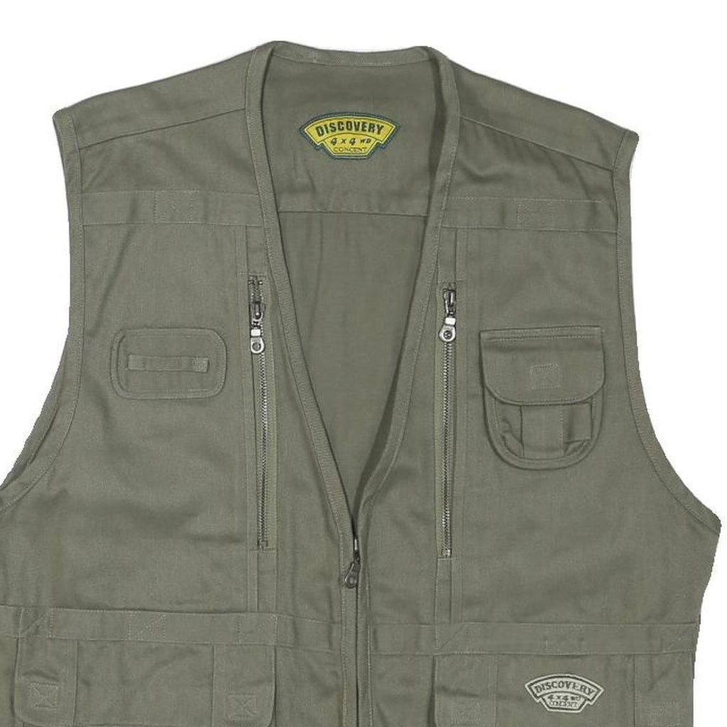 DISCOVERY Mens Green Cotton Blend Utility Vest L Woven Zip Pockets Outdoor