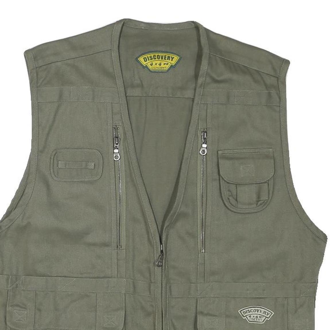 DISCOVERY Mens Green Cotton Blend Utility Vest L Woven Zip Pockets Outdoor