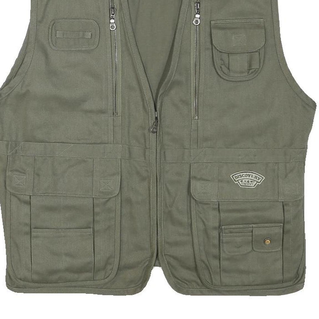 DISCOVERY Mens Green Cotton Blend Utility Vest L Woven Zip Pockets Outdoor