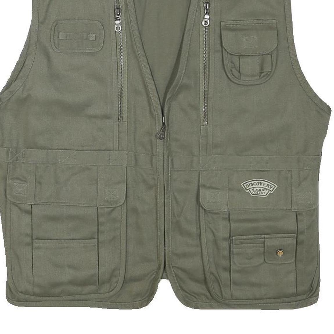 DISCOVERY Mens Green Cotton Blend Utility Vest L Woven Zip Pockets Outdoor
