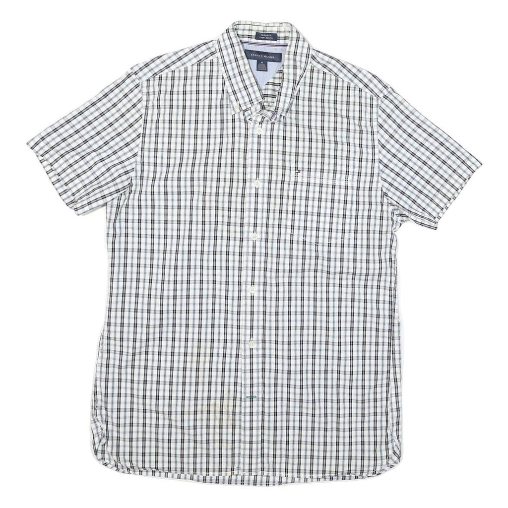 TOMMY HILFIGER Mens White & Black Check Shirt M Cotton Blend Classic Fit Button