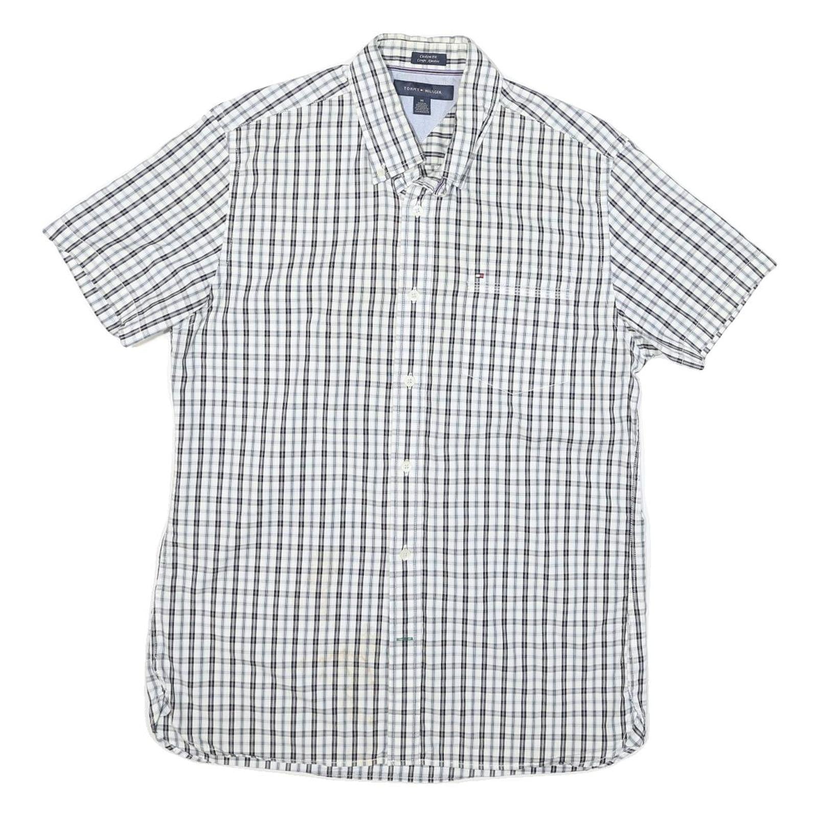 TOMMY HILFIGER Mens White & Black Check Shirt M Cotton Blend Classic Fit Button