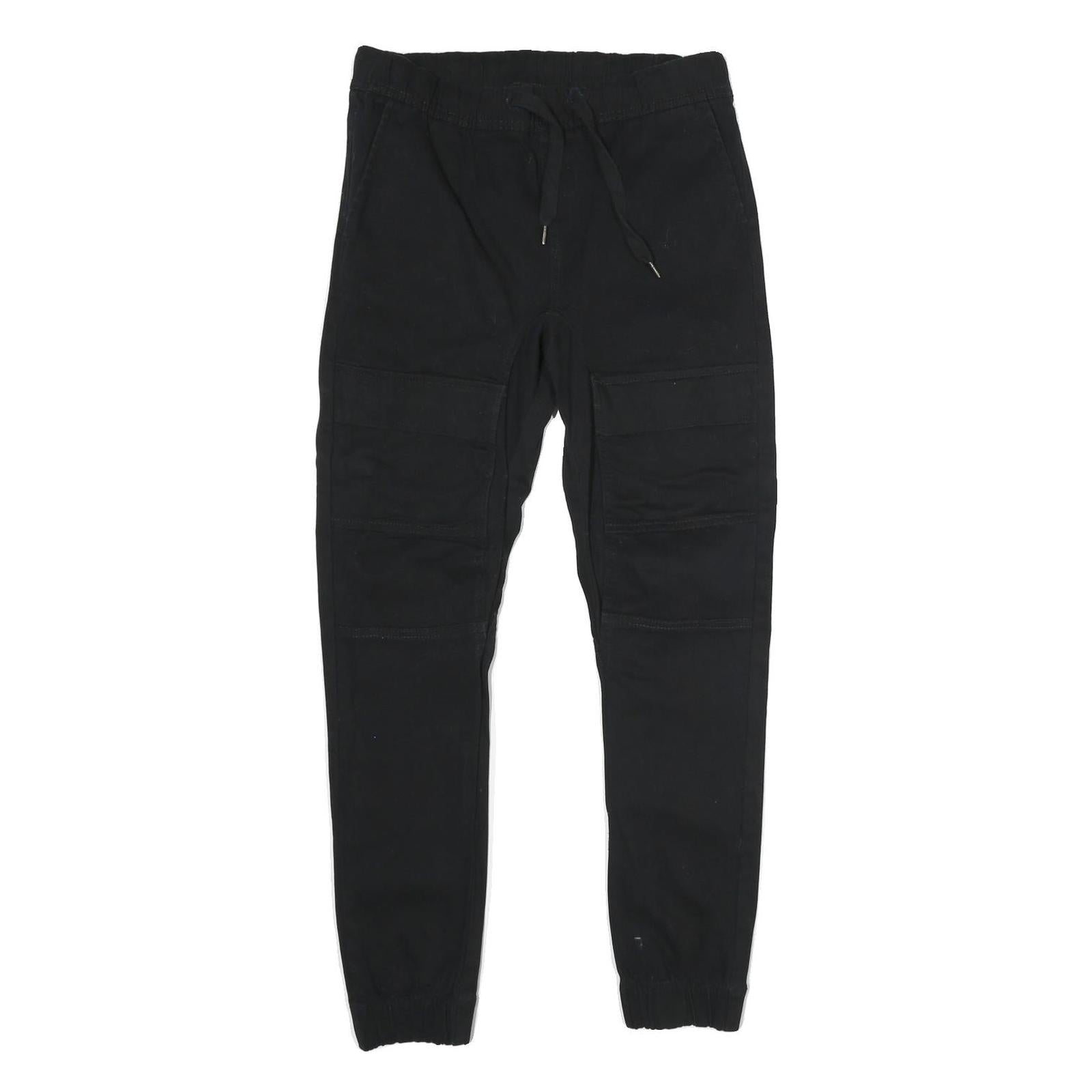 WT 02 Mens Black Cotton Blend Regular Drawstring Trousers W32 L29 Casual Stretch