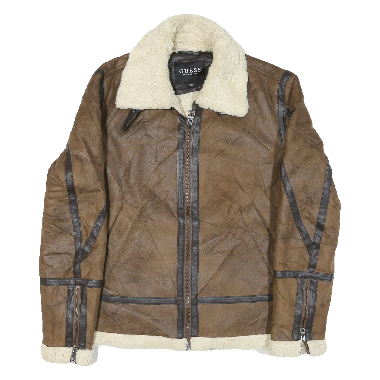 GUESS Mens Brown Leather Shearling Jacket XS Zip Warm Lined Outerwear