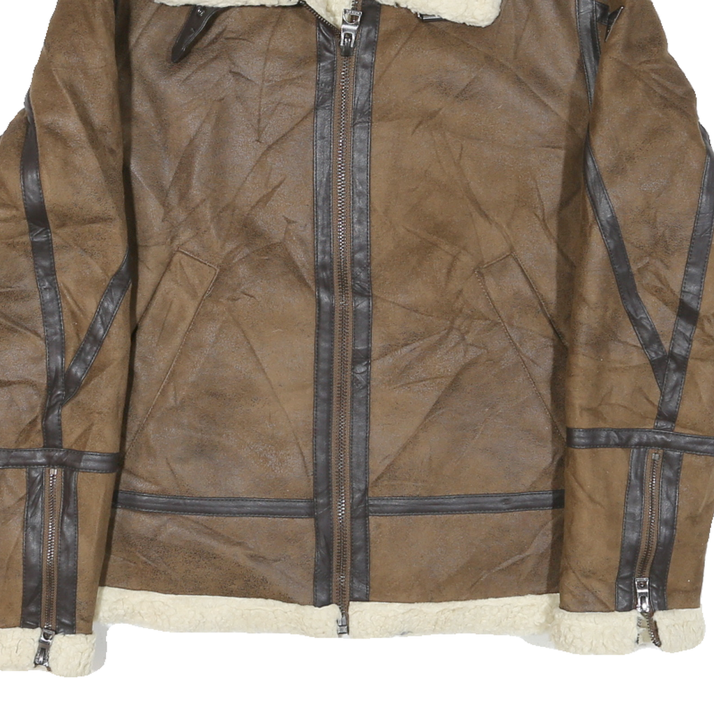 GUESS Mens Brown Leather Shearling Jacket XS Zip Warm Lined Outerwear