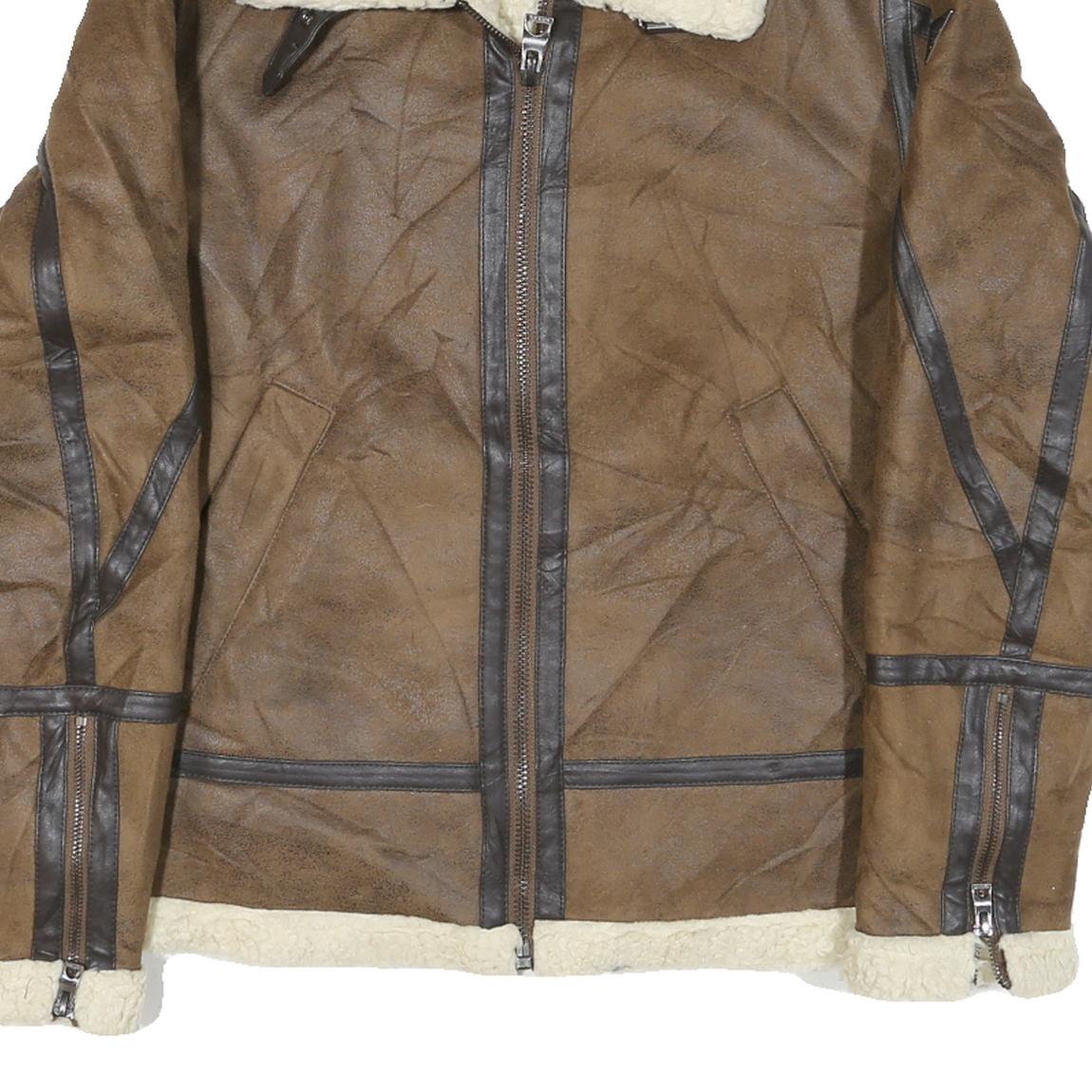 GUESS Mens Brown Leather Shearling Jacket XS Zip Warm Lined Outerwear