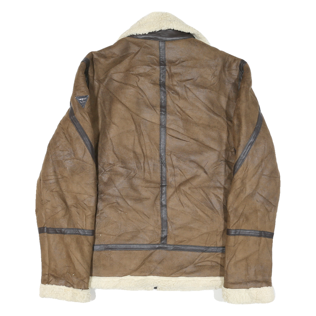 GUESS Mens Brown Leather Shearling Jacket XS Zip Warm Lined Outerwear