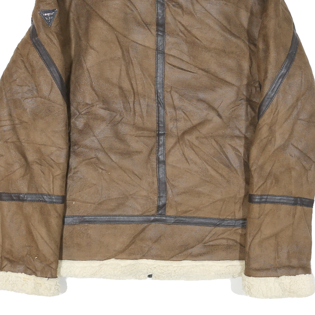 GUESS Mens Brown Leather Shearling Jacket XS Zip Warm Lined Outerwear