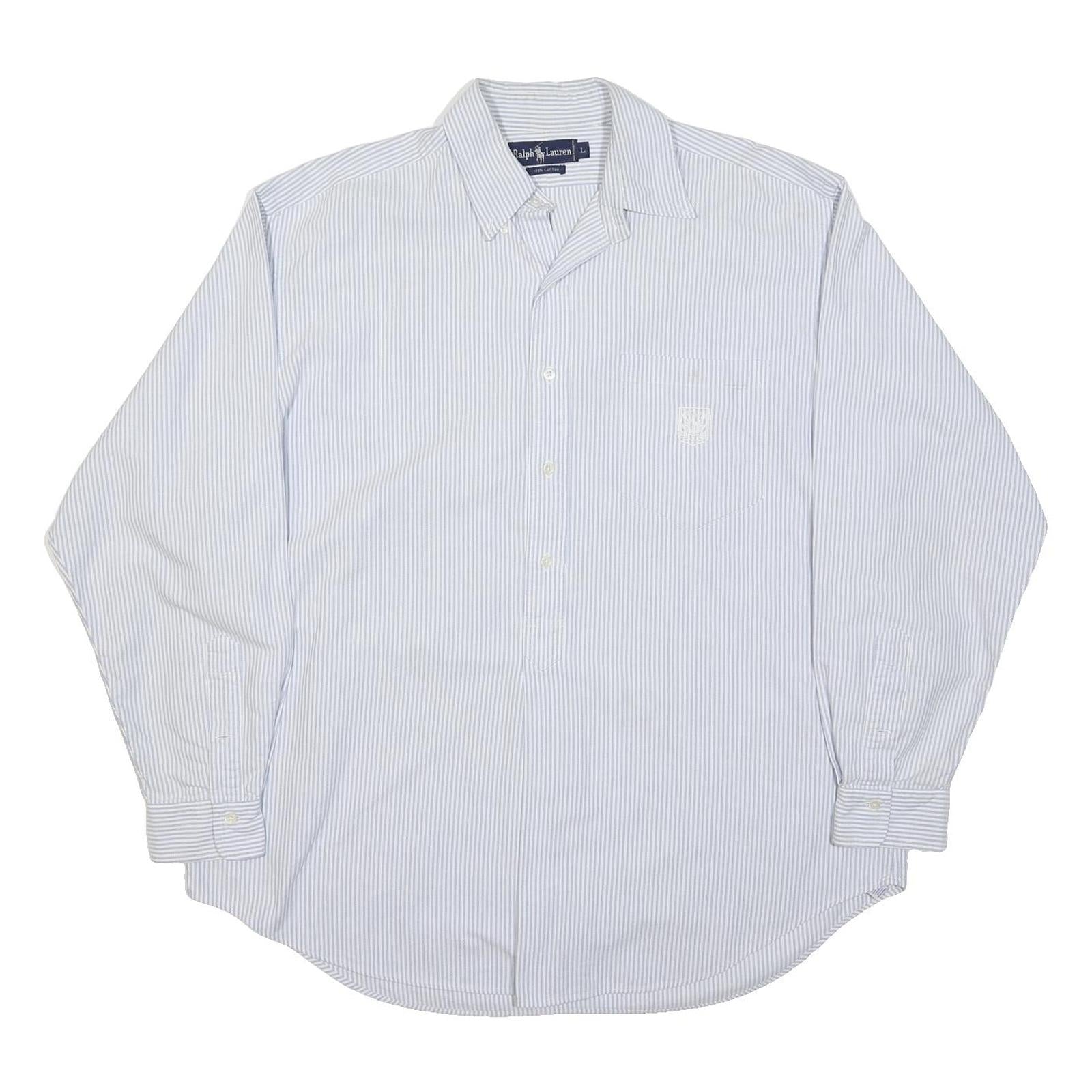 RALPH LAUREN Mens Blue & White Striped Shirt L Classic Cotton Long Sleeve Button