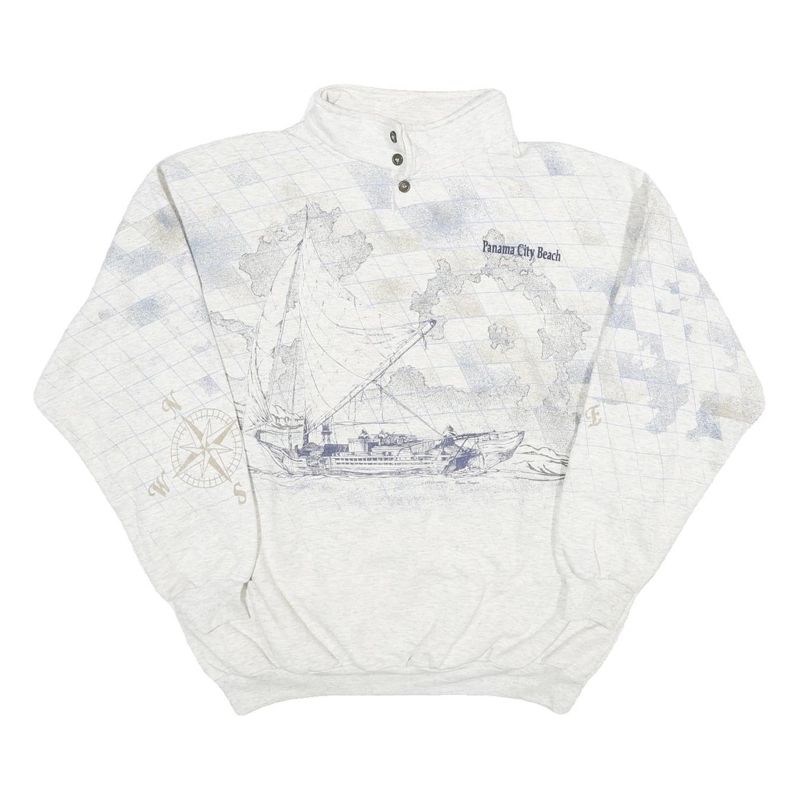 Mens White Cotton Blend Panama City Beach Pullover Sweatshirt XL Nautical Design