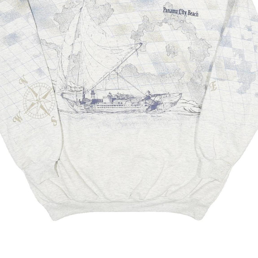 Mens White Cotton Blend Panama City Beach Pullover Sweatshirt XL Nautical Design