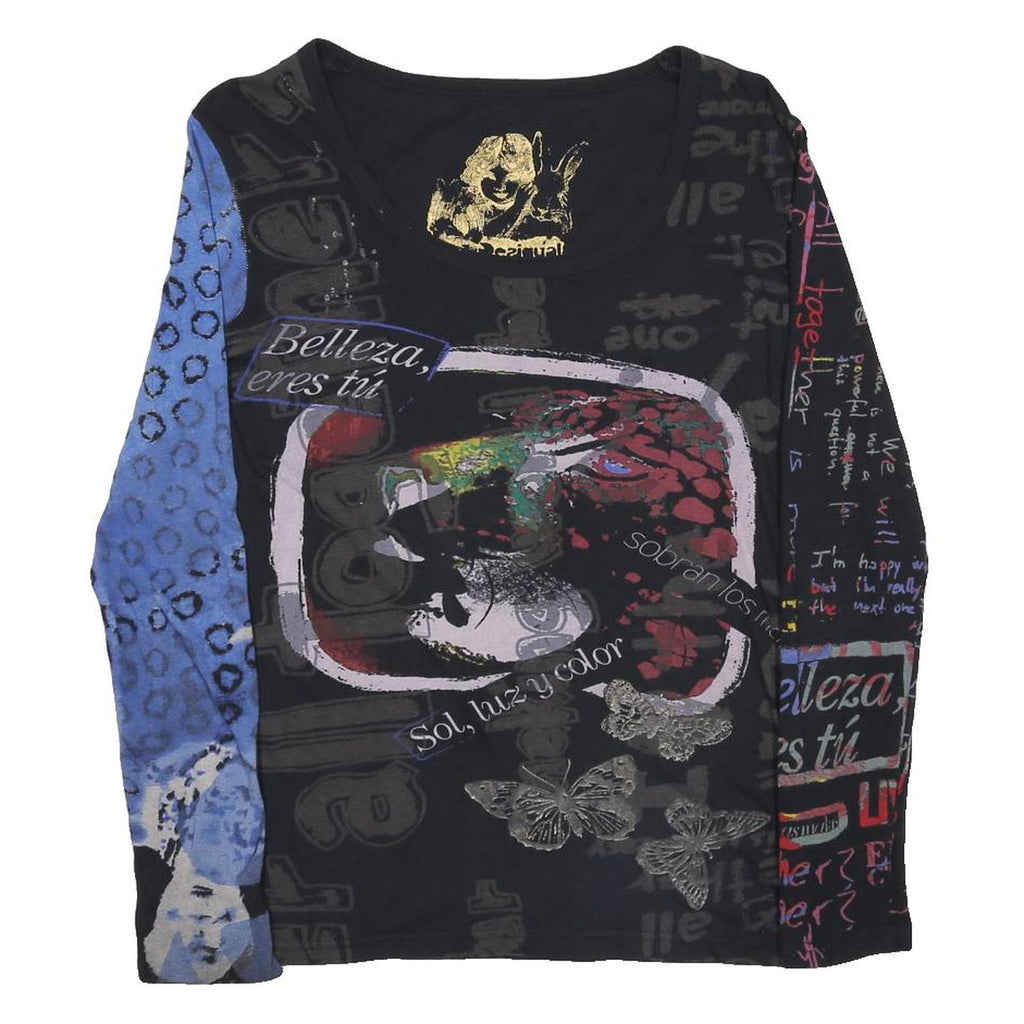 DESIGUAL Y2K Womens Black Blue Printed Top Long Sleeve Round Neck L Cotton
