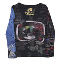 DESIGUAL Y2K Womens Black Blue Printed Top Long Sleeve Round Neck L Cotton