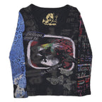 DESIGUAL Y2K Womens Black Blue Printed Top Long Sleeve Round Neck L Cotton