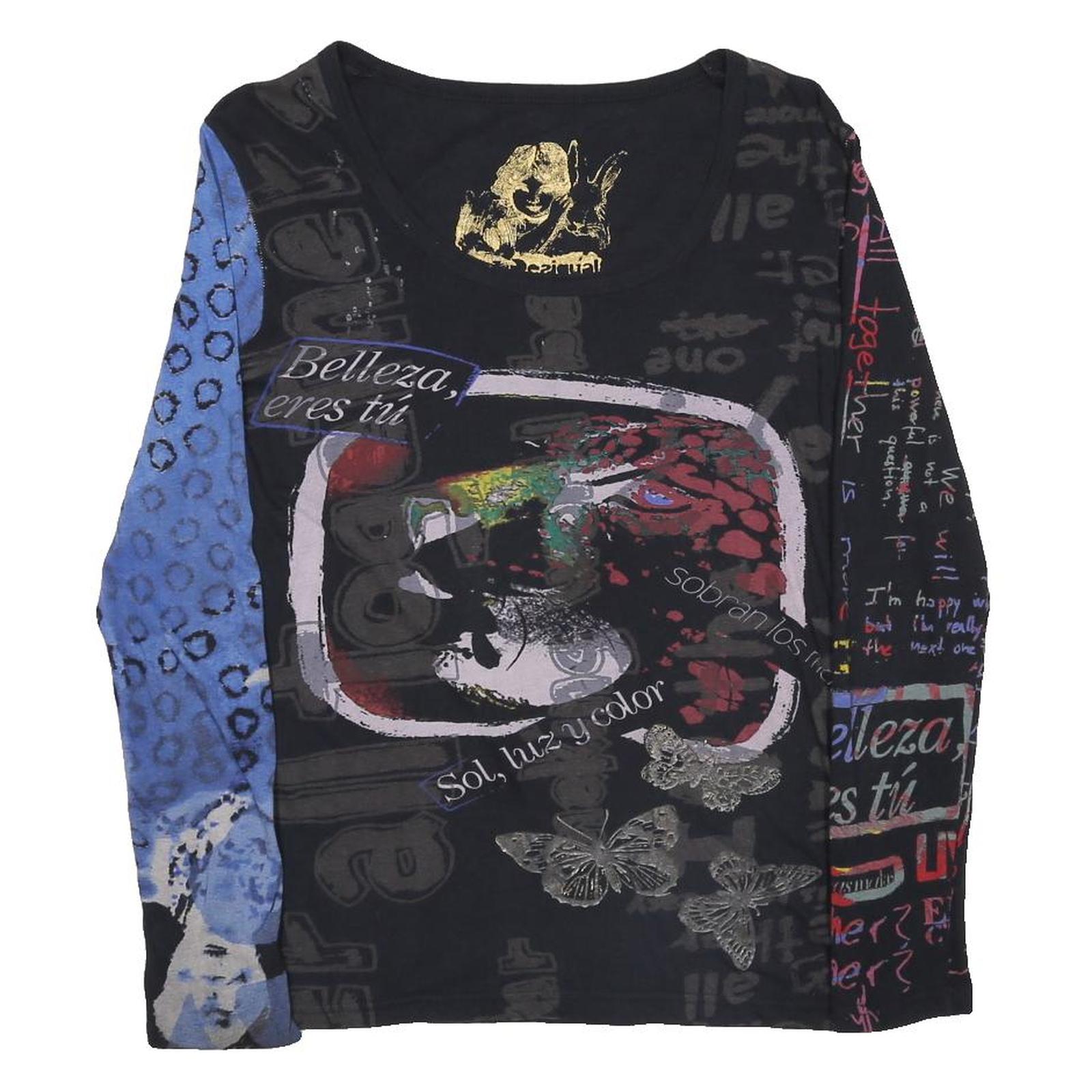 DESIGUAL Y2K Womens Black Blue Printed Top Long Sleeve Round Neck L Cotton