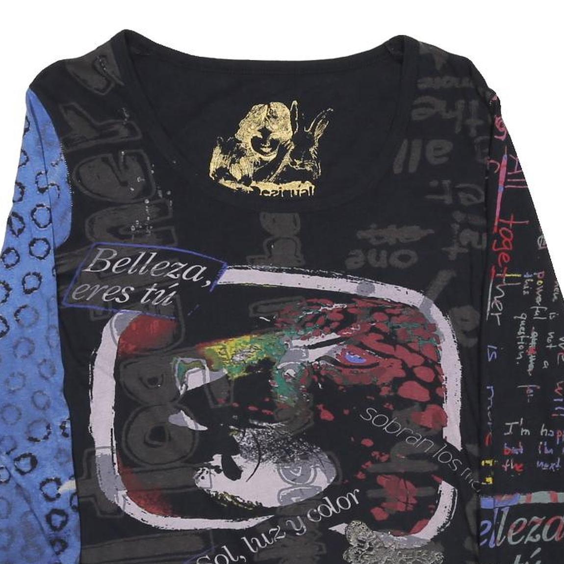 DESIGUAL Y2K Womens Black Blue Printed Top Long Sleeve Round Neck L Cotton