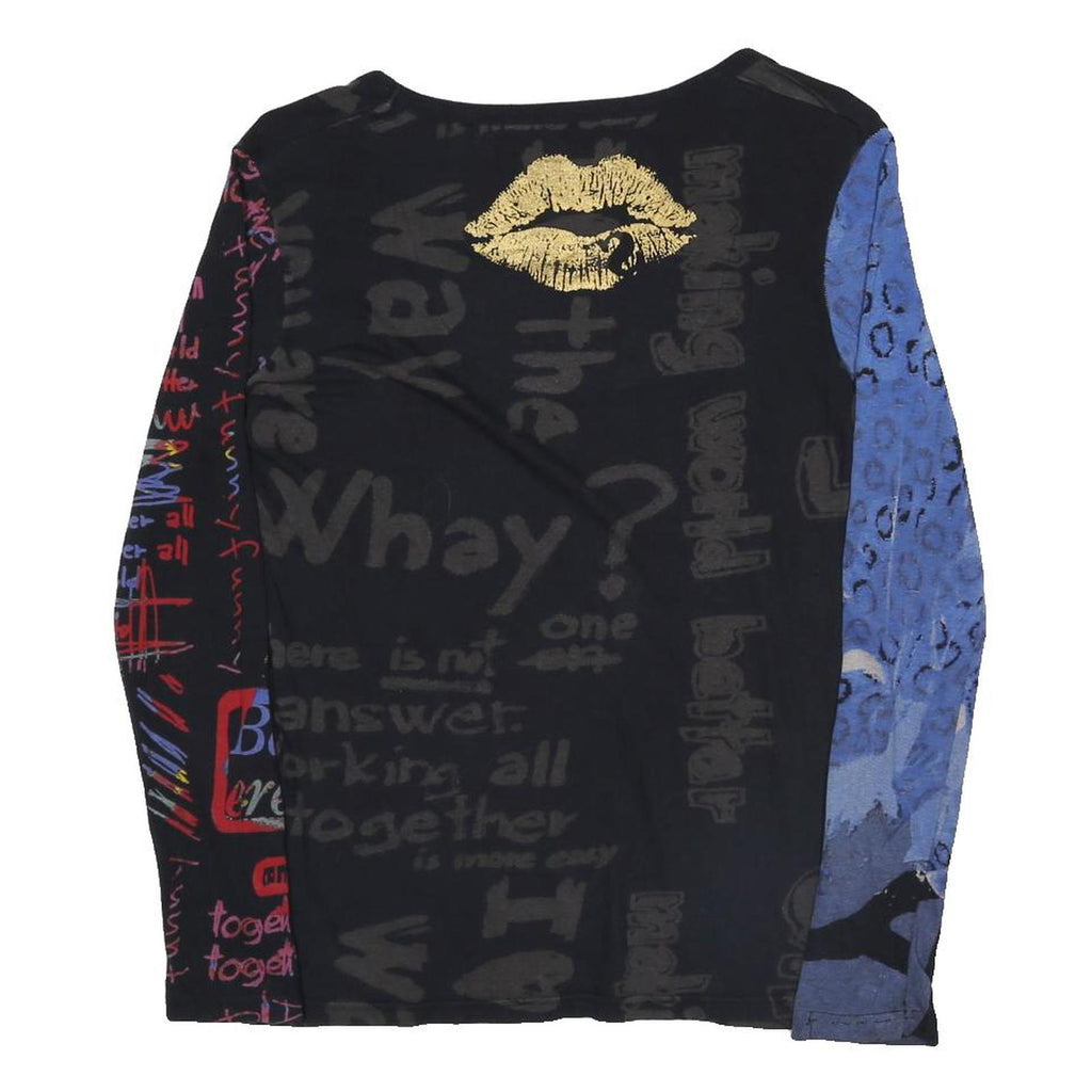 DESIGUAL Y2K Womens Black Blue Printed Top Long Sleeve Round Neck L Cotton