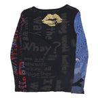 DESIGUAL Y2K Womens Black Blue Printed Top Long Sleeve Round Neck L Cotton