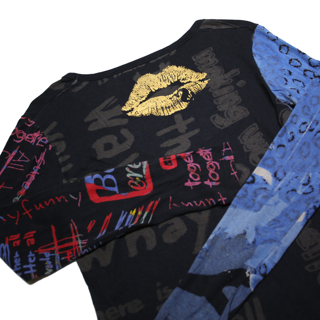 DESIGUAL Y2K Womens Black Blue Printed Top Long Sleeve Round Neck L Cotton