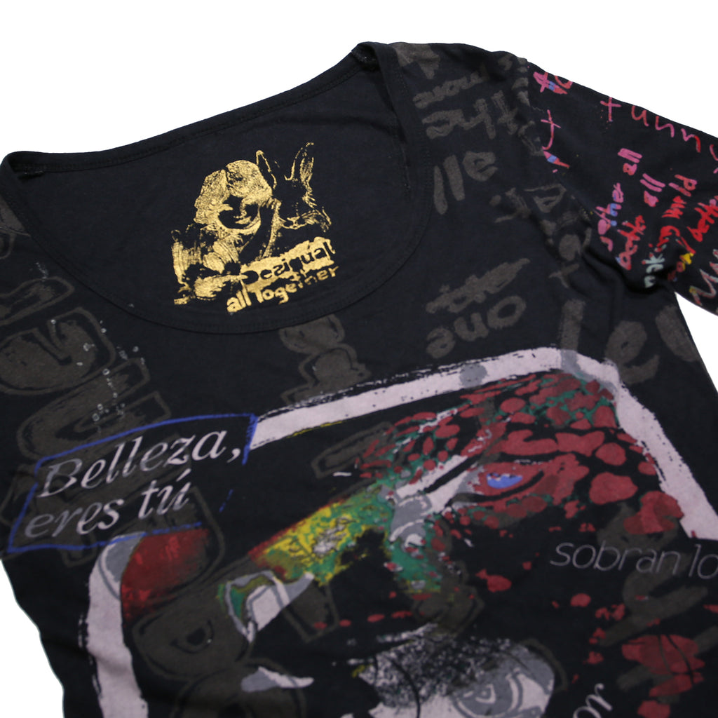 DESIGUAL Y2K Womens Black Blue Printed Top Long Sleeve Round Neck L Cotton