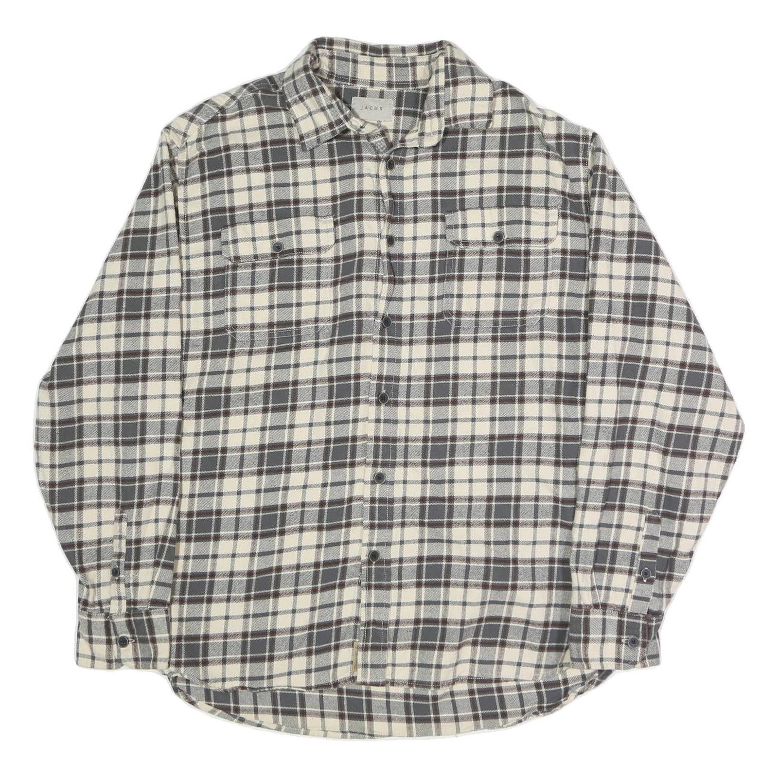 JACHS Mens Cream & Grey Check Shirt XL Cotton Blend Button Long Sleeve