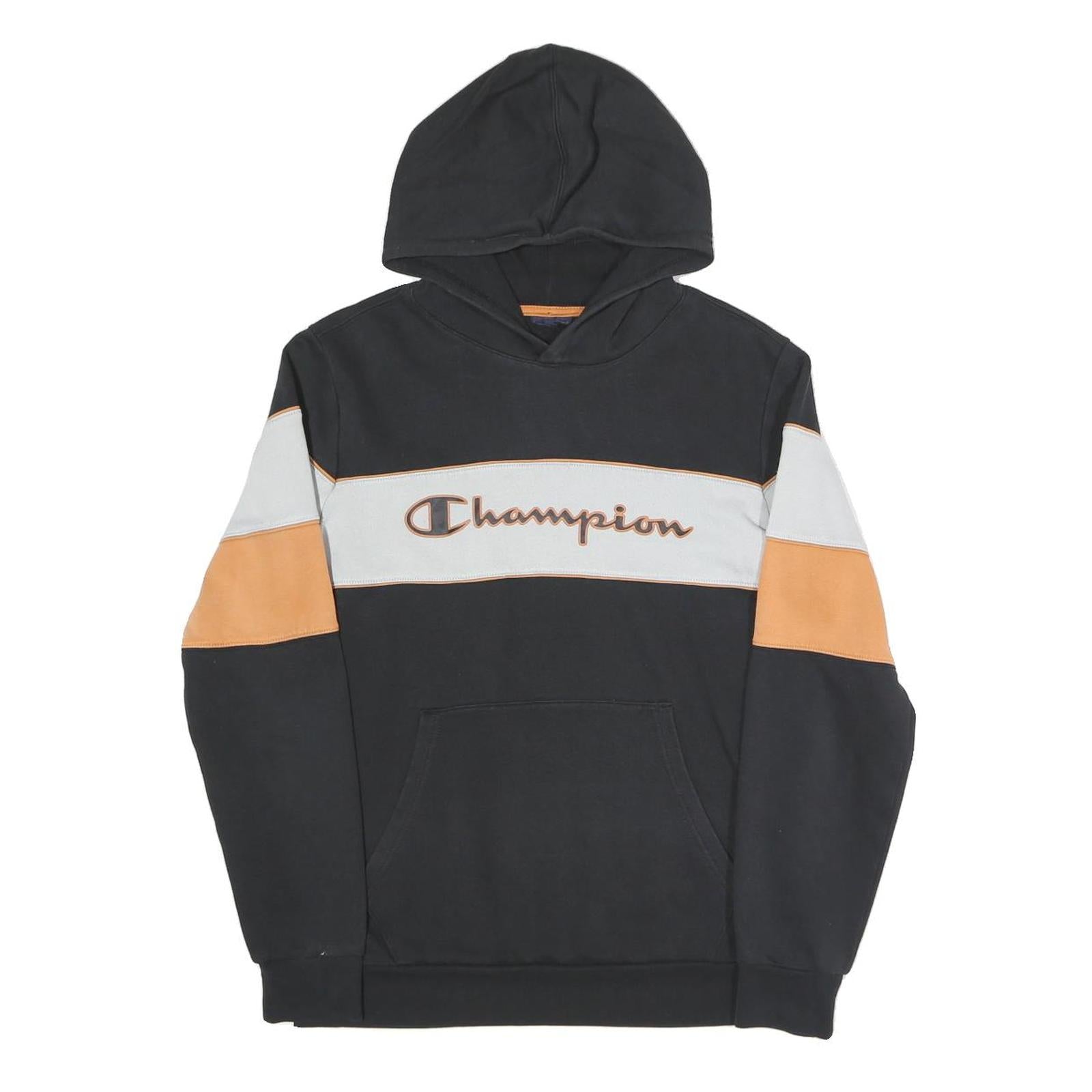 CHAMPION Mens Black & Orange Panel Logo Pullover Hoodie S Cotton Blend
