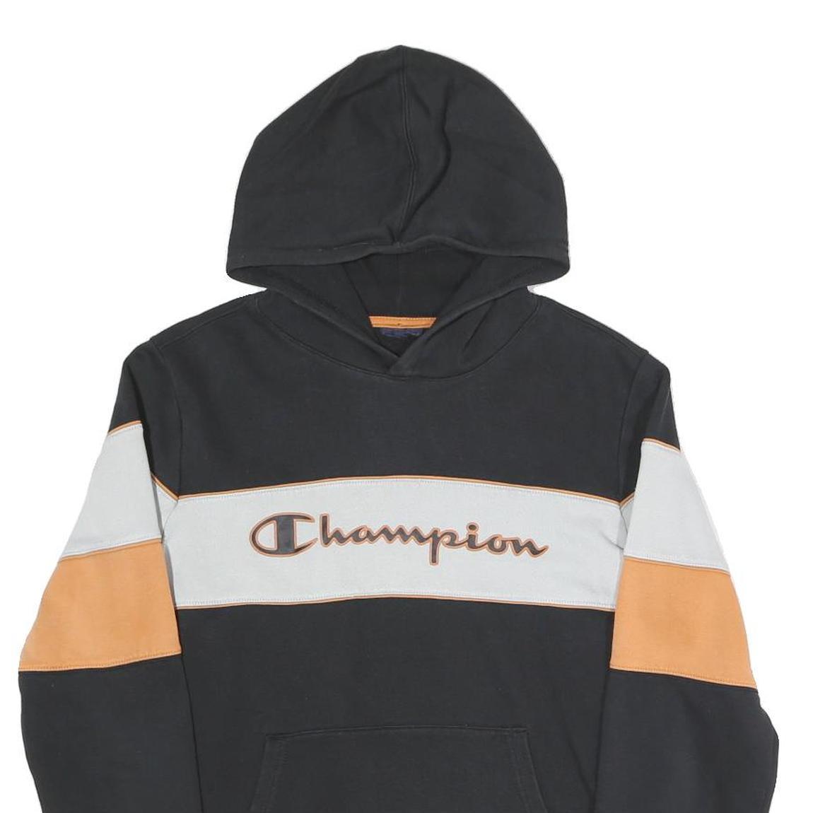 CHAMPION Mens Black & Orange Panel Logo Pullover Hoodie S Cotton Blend