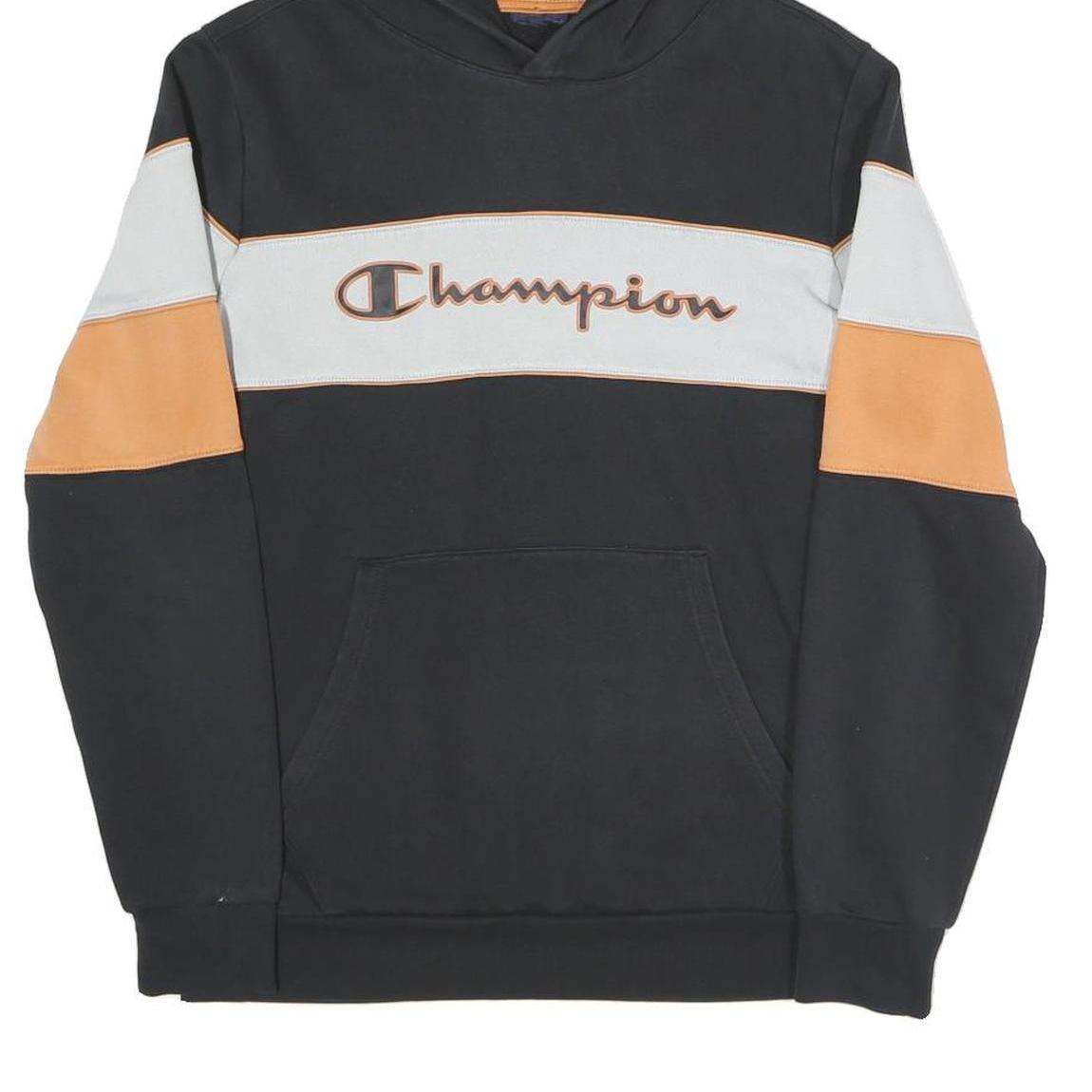 CHAMPION Mens Black & Orange Panel Logo Pullover Hoodie S Cotton Blend