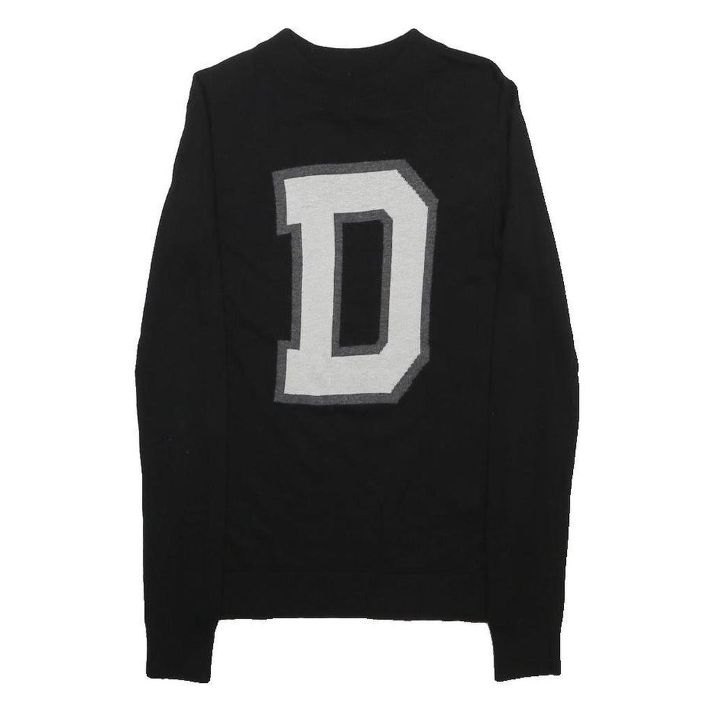 DKNY Womens Black Bold D Logo Plain Wool Blend Jumper Crew Neck XS Knitwear