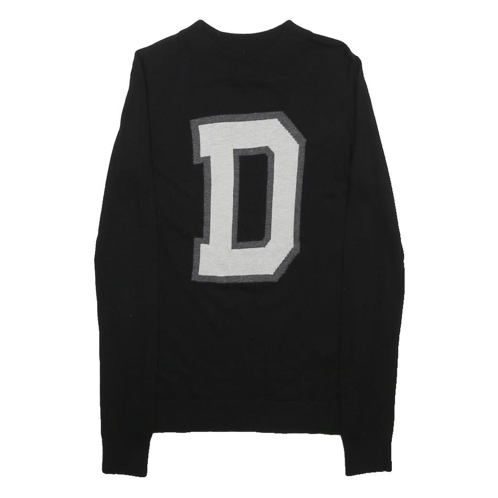 DKNY Womens Black Bold D Logo Plain Wool Blend Jumper Crew Neck XS Knitwear