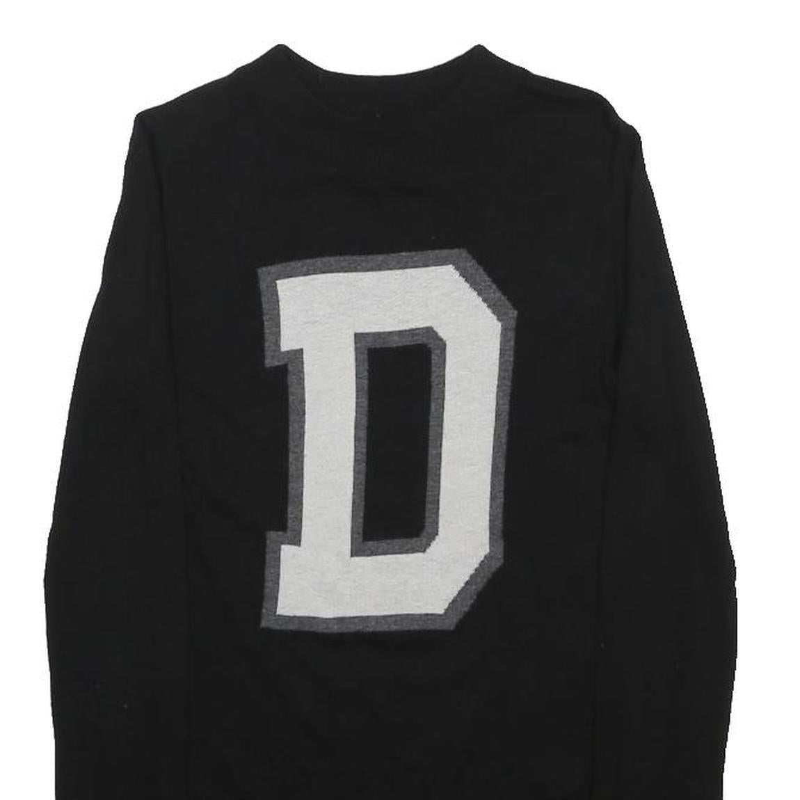 DKNY Womens Black Bold D Logo Plain Wool Blend Jumper Crew Neck XS Knitwear