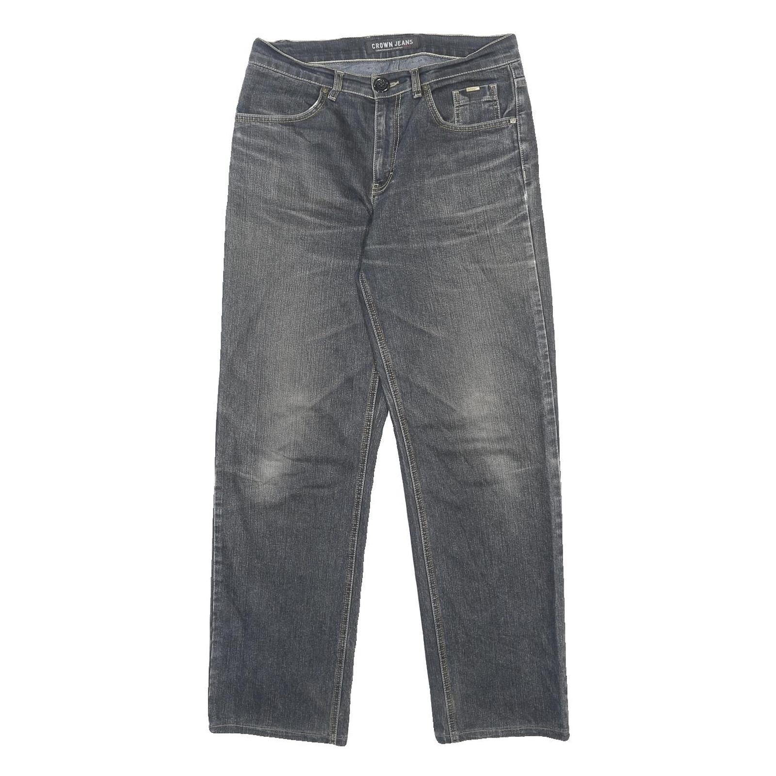 CROWN JEANS Mens Regular Fit Straight Grey Cotton Blend Denim Medium W32 L30