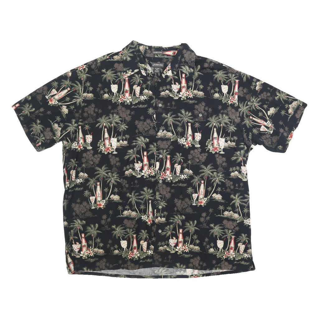 ST JOHNS BAY Mens Black Cotton 2XL Hawaiian Shirt Tropical Print Relaxed Fit
