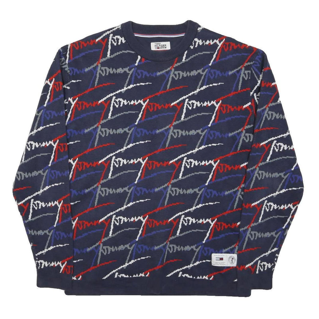 HILFIGER DENIM Mens Navy Blue Patterned Cotton Blend Jumper Crew Neck Basic Knit