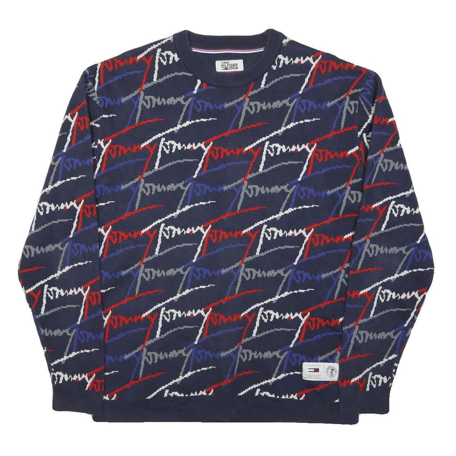 HILFIGER DENIM Mens Navy Blue Patterned Cotton Blend Jumper Crew Neck Basic Knit