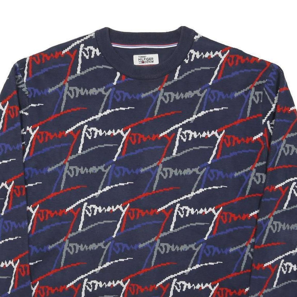 HILFIGER DENIM Mens Navy Blue Patterned Cotton Blend Jumper Crew Neck Basic Knit