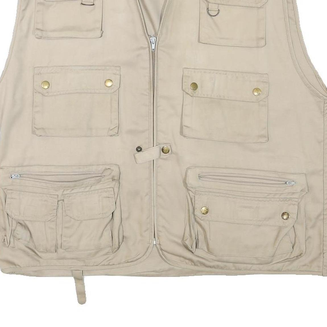 Mens Beige Cotton Blend Zip Up Utility Jacket L Multi Pocket Sleeveless Casual