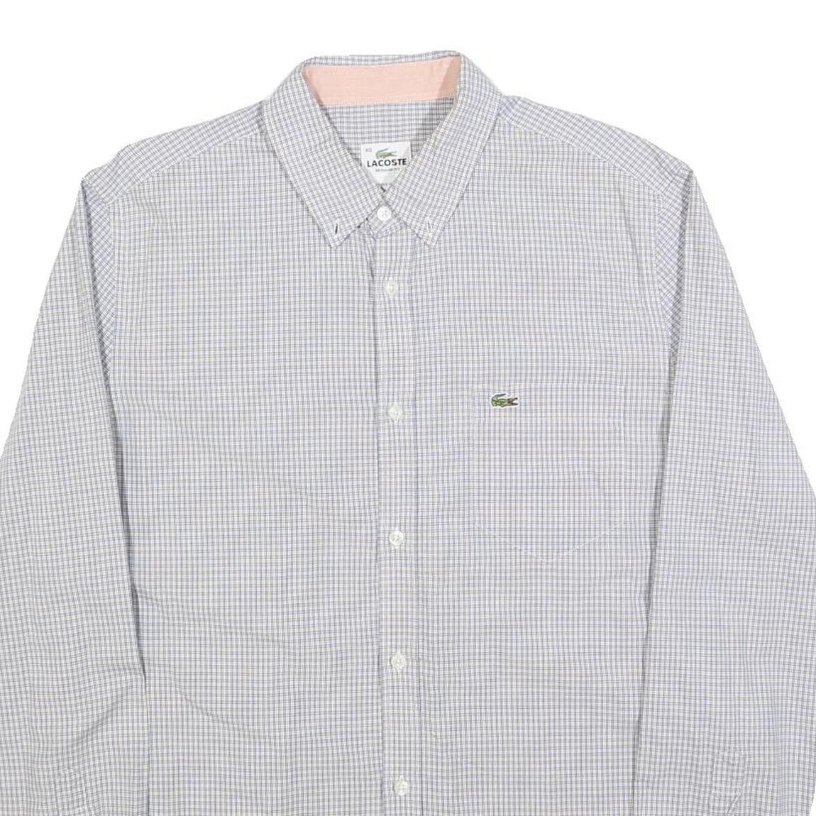 LACOSTE Mens White & Blue Checked Shirt M Button Down Collar Long Sleeve Cotton