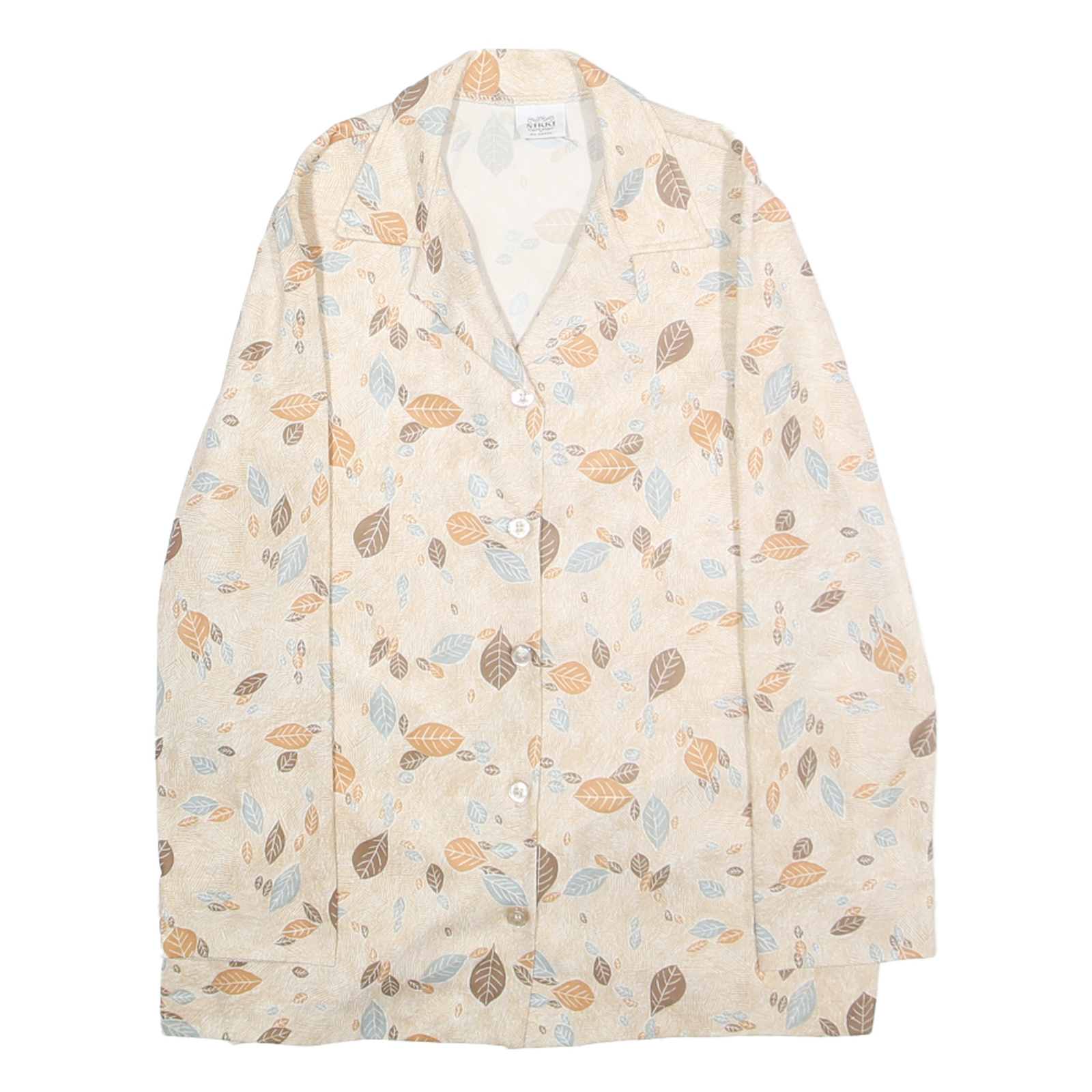 NIKKI Womens Beige & Brown Leaf Print Shirt XS Lightweight Casual Button Up