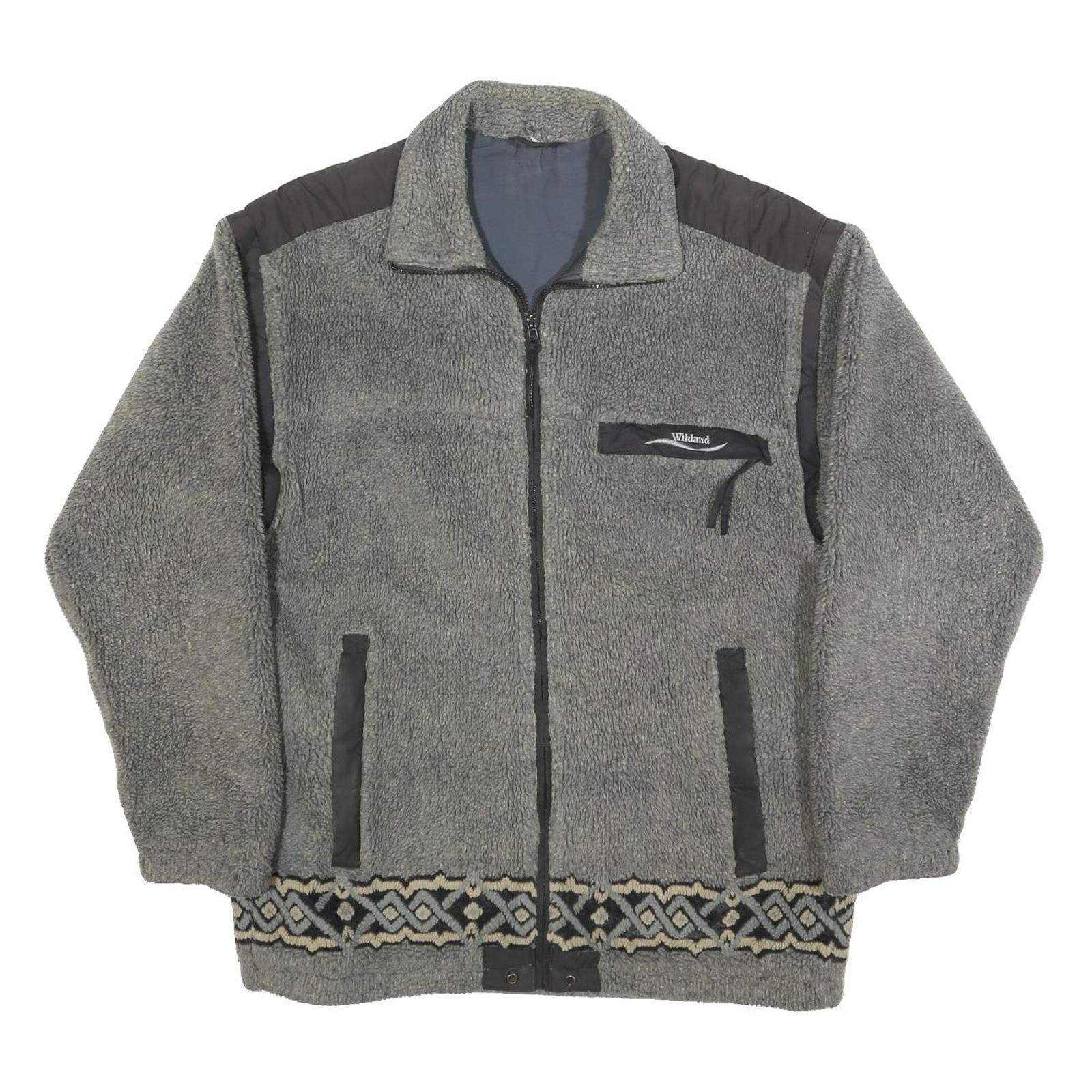 WIKLAND Mens Grey Quilted Synthetic Zip Jacket L Fleece Patterned Hem Outdoor