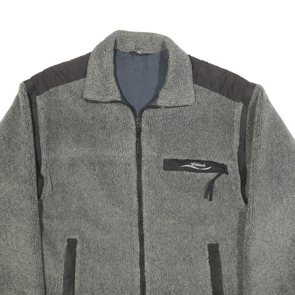 WIKLAND Mens Grey Quilted Synthetic Zip Jacket L Fleece Patterned Hem Outdoor
