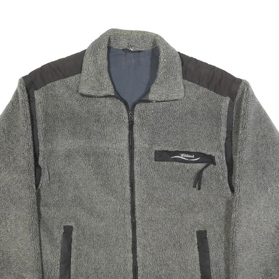 WIKLAND Mens Grey Quilted Synthetic Zip Jacket L Fleece Patterned Hem Outdoor