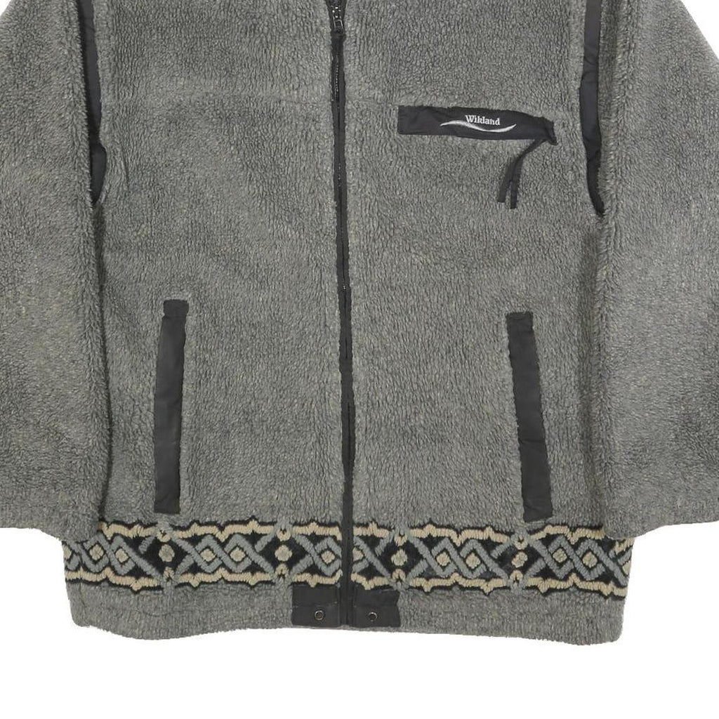 WIKLAND Mens Grey Quilted Synthetic Zip Jacket L Fleece Patterned Hem Outdoor