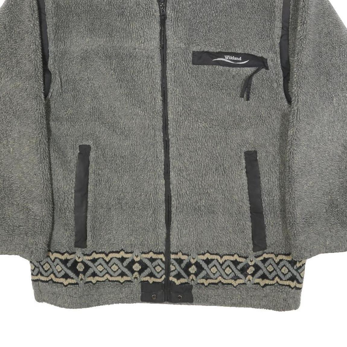 WIKLAND Mens Grey Quilted Synthetic Zip Jacket L Fleece Patterned Hem Outdoor