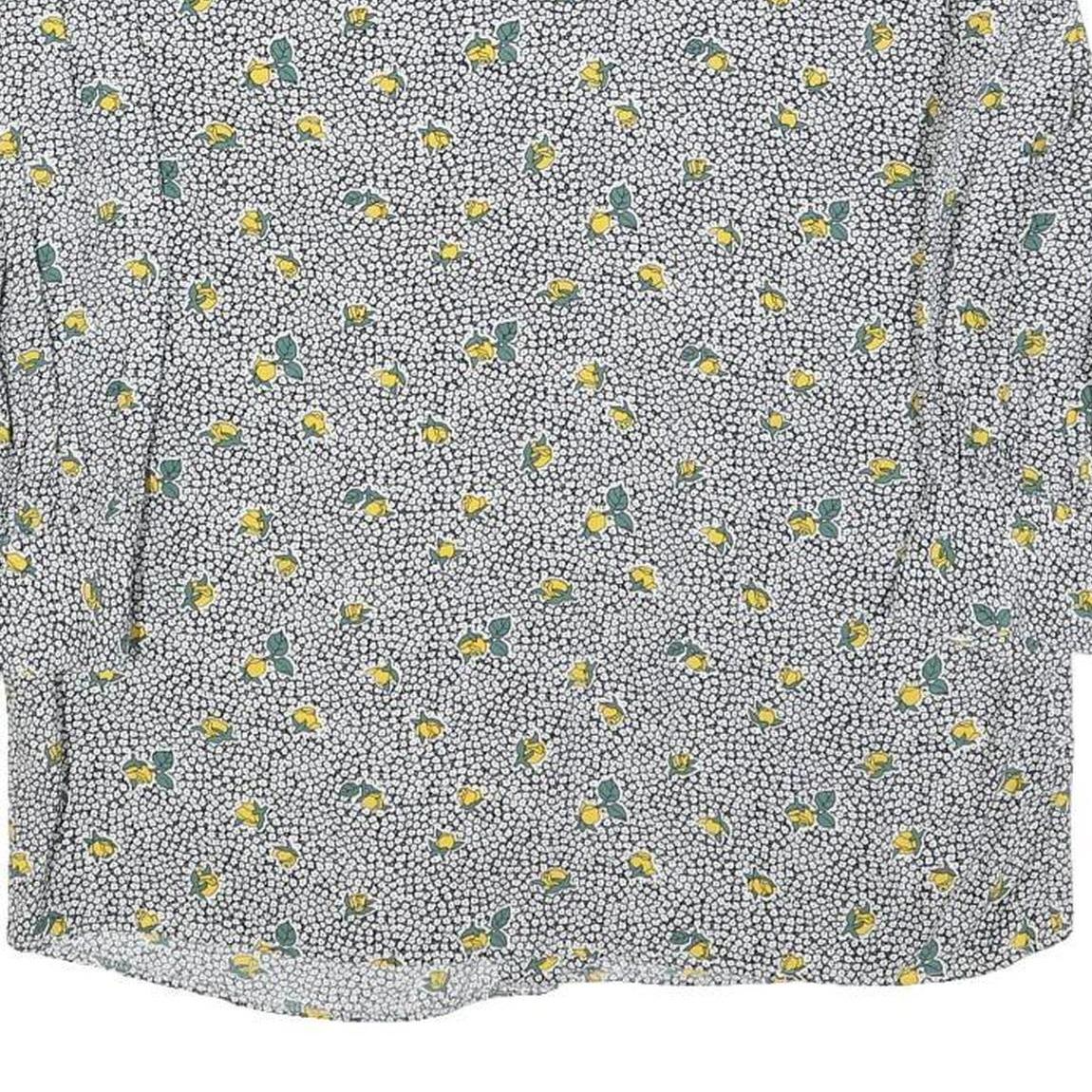 TRU BLOUSE Womens White Black Yellow Floral Print Blouse Long Sleeve Collared L