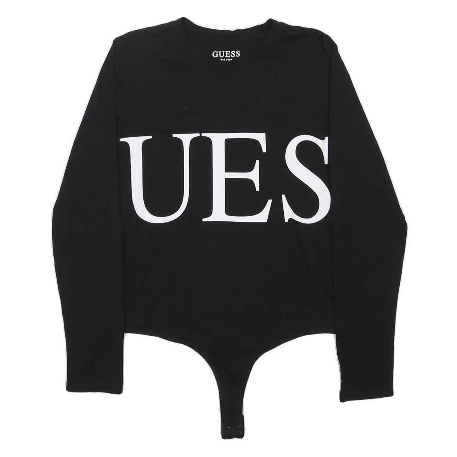 GUESS Womens Black Cotton Blend Playsuit XL Logo Print Long Sleeve Bodysuit