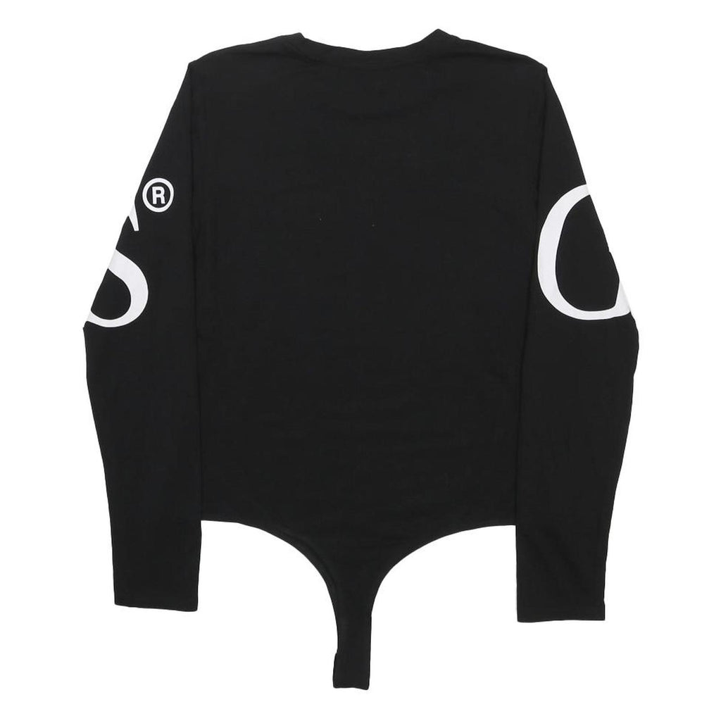 GUESS Womens Black Cotton Blend Playsuit XL Logo Print Long Sleeve Bodysuit