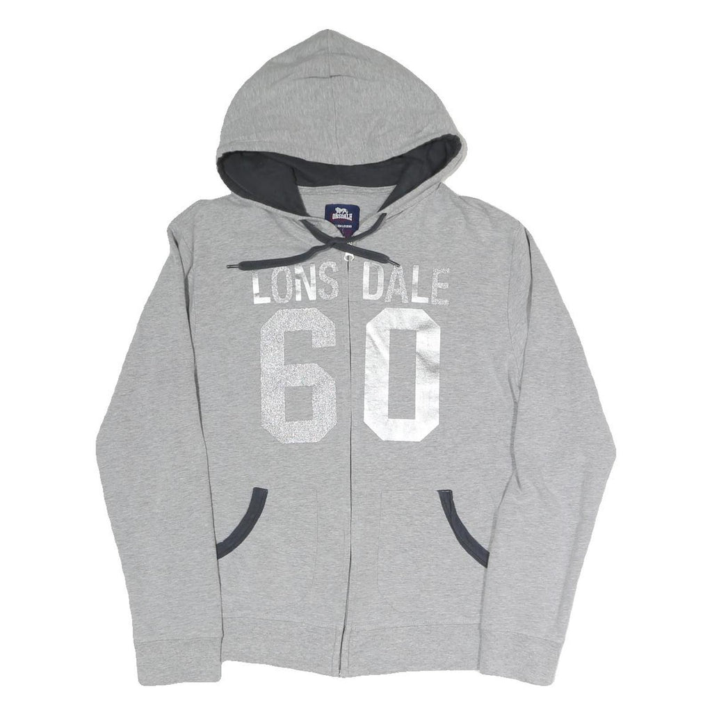 LONSDALE Womens Grey Hoodie L Zip Front Drawstring Hood Casual Sweatshirt