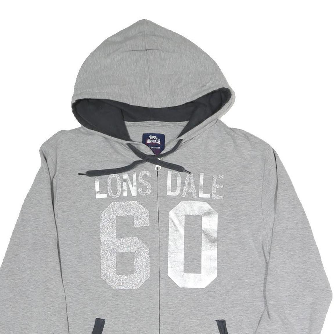 LONSDALE Womens Grey Hoodie L Zip Front Drawstring Hood Casual Sweatshirt