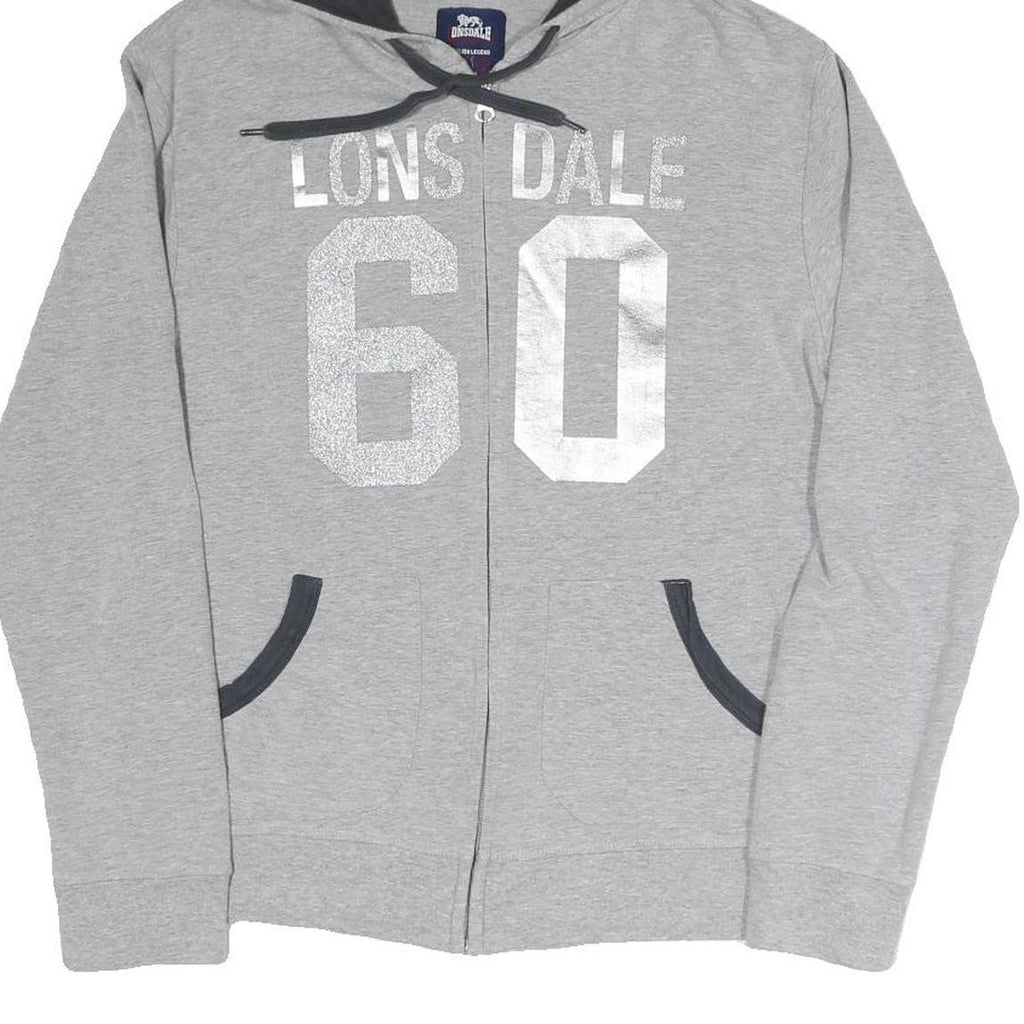 LONSDALE Womens Grey Hoodie L Zip Front Drawstring Hood Casual Sweatshirt